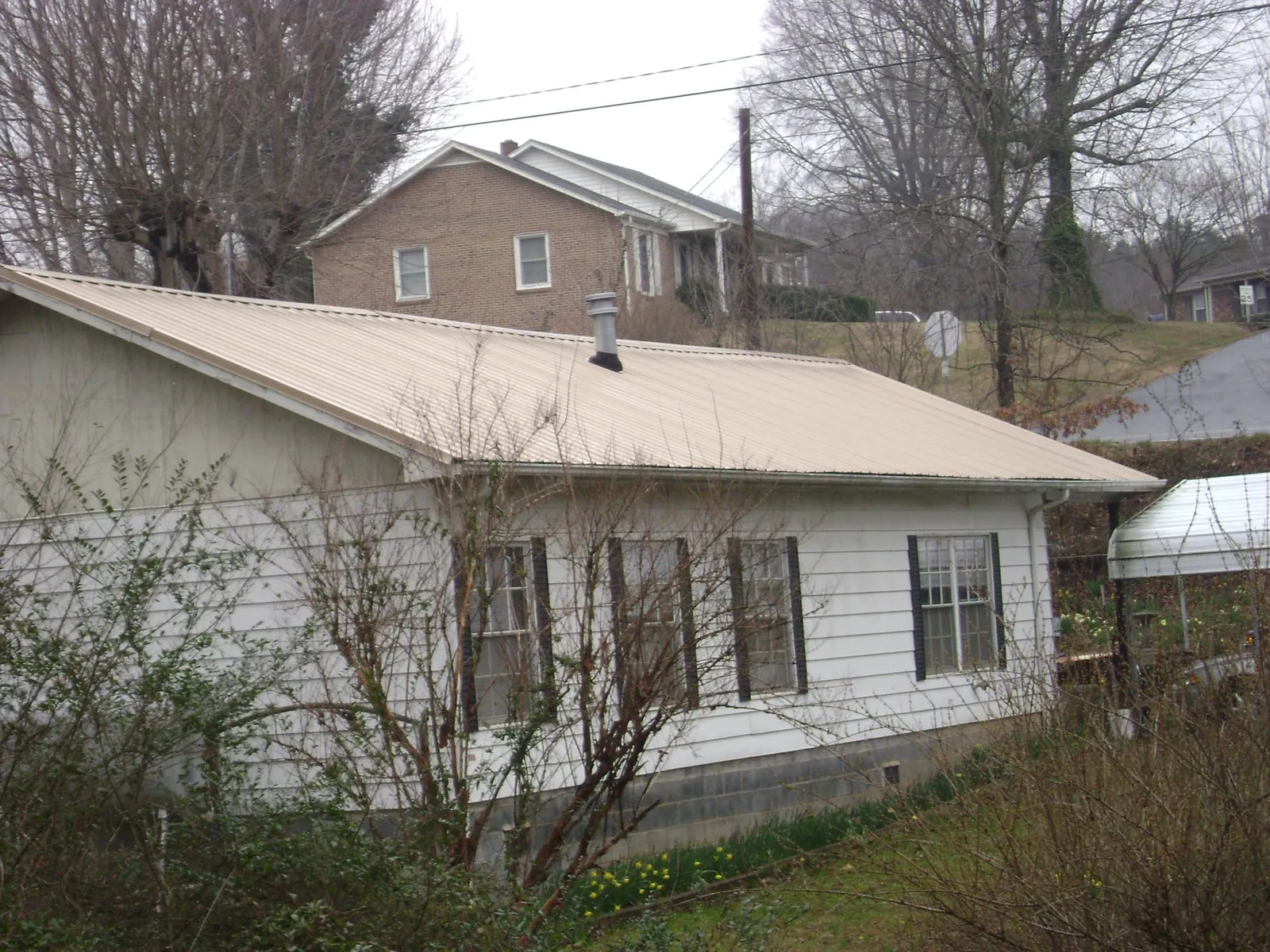 Tan metal roof on a white sided house set into a hillside — Commercial Roofing by Roofing Brothers in Schenley